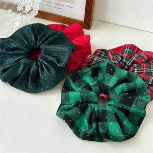 Christmas Fabric Plaid Scrunchies with Nail Beads & Hair Loops-Eco-Friendly Retro Party Supplies for Women - Product Image 1