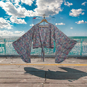 Chemisier ample à manches kimono en mousseline de soie pour femme, imprimé cachemire, à nouer, court, style bohème, pour le printemps et l'été, tenue décontractée - Product Image 3