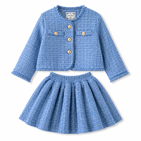 Ensemble Veste en Tweed et Jupe Plissée pour Filles 2026 – Manteau Bleu en Polyester à Manches Longues – Tenue Élégante pour Enfants pour Fêtes et École – Vente en Gros