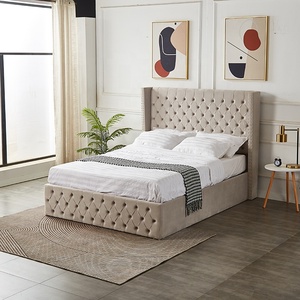 Lit simple Queen Size au design moderne gris et bleu, tête de lit capitonnée en velours moelleux avec dossier ailé, et système de levage hydraulique avec rangement intégré - Product Image 2