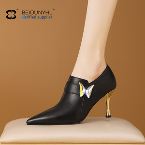 Cuir véritable Sexy Pointed Toe Women Pumps Spring New Leather Shoes Fashion Black butterfly Decorate Prom Lady Thin High Heel - Product Image 5