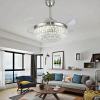 Ventilateur de plafond en cristal pliable et rétractable avec lumière LED à télécommande, design moderne, lumière décorative, intensité réglable, utilisation en intérieur