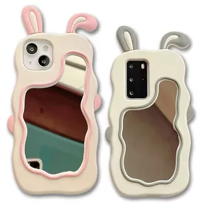 Cute 3D Cartoon Rabbit Makeup Mirror Soft Silicone Phone Cases For Women Girls Compatible with iPhone 11 12 13 14 15 Pro Max