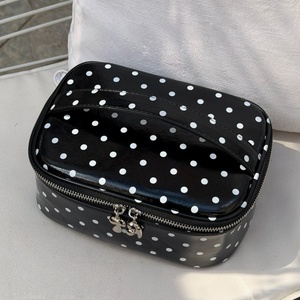 Black Polka Dot <b>Makeup</b> Storage Bag PU Leather Travel Cosmetic <b>Case</b> With Mesh Pocket For <b>Brushes</b> Beauty Toiletry Hand Bag - Product Image 1