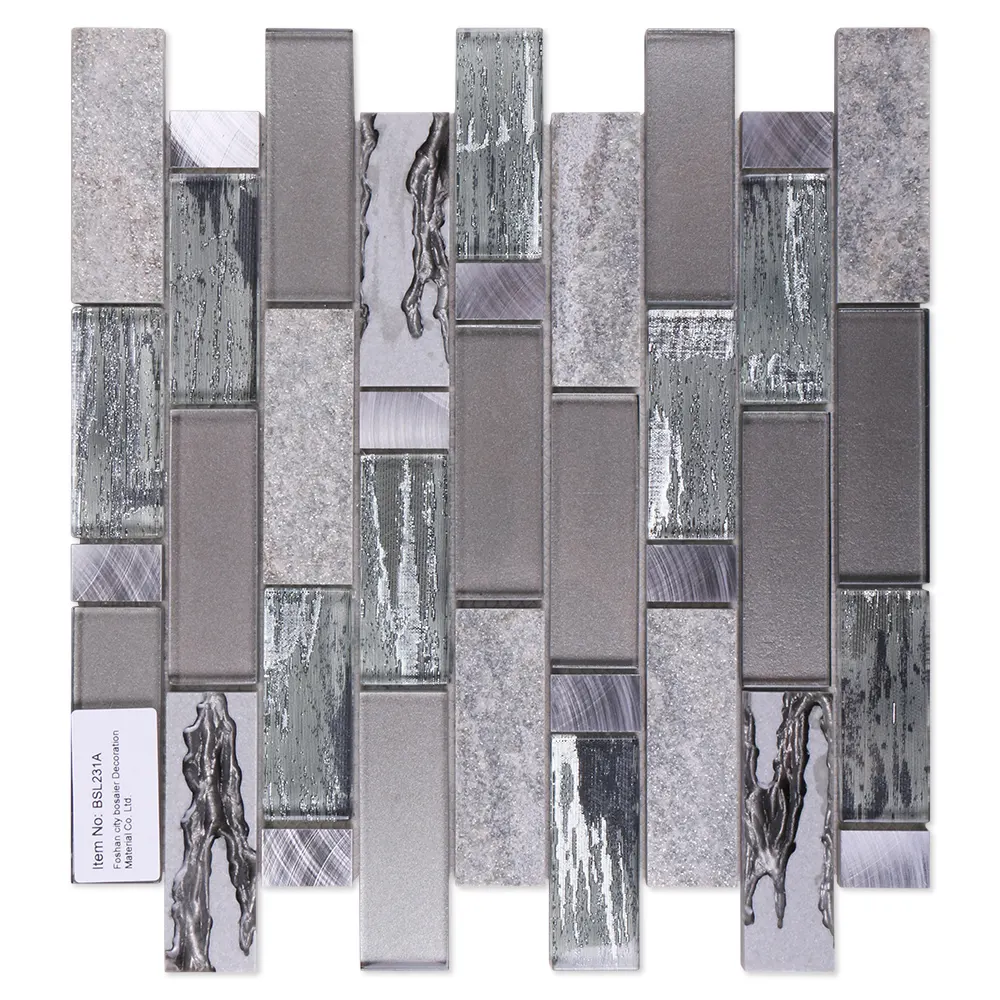 Carrelage en verre cristal et quartz gris vert, mosaïque à la mode, nouvelle tendance