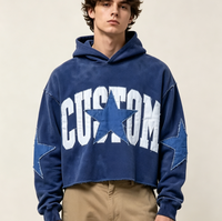 Felpa con Cappuccio Unisex Vintage Blu con Grafica, Vestibilità Oversize, in Cotone Pesante, Stile Streetwear con Stampa Patch a Stella e Ricamo 3D, Taglia XL