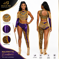 Uniforme de majorette à imprimé léopard violet avec franges scintillantes, costume de danse en spandex métallisé brillant pour la compétition et les défilés