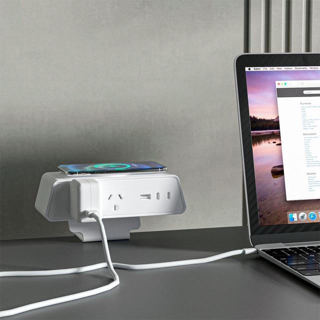 OMNI 65W Fast Wireless Charging Modern Stainless Steel Tabletop Socket Power Strip with Qi2 Module Triplex 2 USB-A 2 USB-C Ports