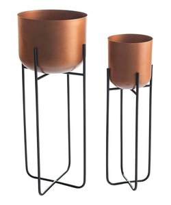 Hot Selling Customizable Copper Planter <b>Pots</b> with Black Metal <b>Stand</b> Indoor Outdoor Use Round Industrial Design Set Home Garden - Product Image 1