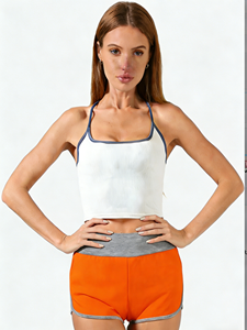Conjunto de 3 piezas: Top corto acanalado con cuello halter + pantalones cortos transpirables con cintura elástica de poliéster (Negro/Blanco/Naranja) - Product Image 2