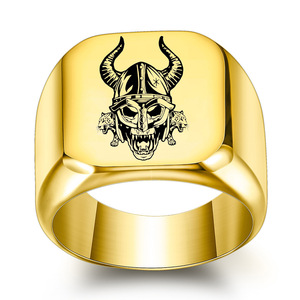 Men's Square Stainless Steel <b>Ring</b> 18MM Monster Pattern Laser Engraved Gold Color Fashion Jewelry Gift - Product Image 1