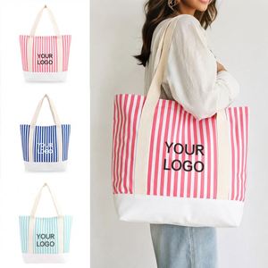 Nouveauté : Sac à main en coton recyclé, bandoulière, logo brodé personnalisé, sac fourre-tout en toile rayée pour les promenades en ville - Product Image 4