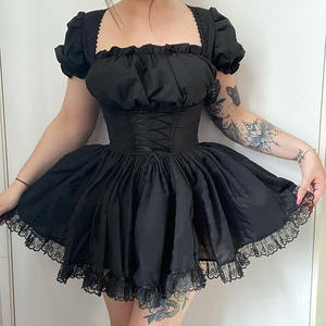 Long Sleeves Lolita Black Dress <strong>Goth</strong> Aesthetic Puff Sleeve High Waist Vintage Bandage Lace Trim Party Gothic <strong>Clothes</strong> Dress <strong>Woman</strong> - Product Image 2