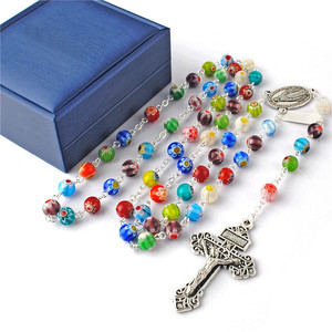 Collar religioso de 8mm para mujer, piedras azuladas multicolor, cuentas de cristal, cadena de plata, Rosario con caja de regalo, venta al por mayor de fábrica - Product Image 1