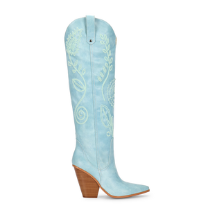 Stivali Alti al Ginocchio WETKISS Personalizzati con Punta Affusolata, Tacco Grosso Bianco, Stile Western Azzurro per Donne - Product Image 2