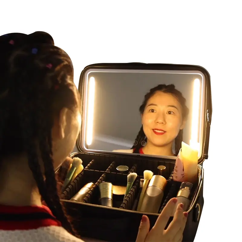 Espelho Com Led Vanity Organisateur Grande Boîte Rechargeable Cosmétique Voyage Maquillage Trousse De Maquillage Sac Avec Led Light Up Miroir Éclairé