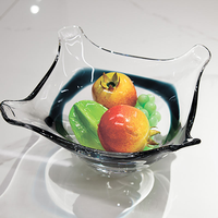 Decoratieve handgeblazen glazen schaal met blauw lint & gegolfde rand, als middelpunt voor fruit, snacks, dienblad, hotel lobby decoratie