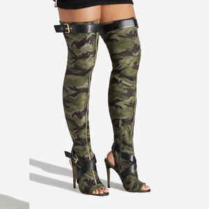 Stivali Alti da Donna con Cerniera Frontale, Elasticizzati, Estivi, con Fibbia a Cinghia Incrociata, Sopra il Ginocchio, Punta Aperta, Tacco Alto, Scarpe Camouflage - Product Image 4