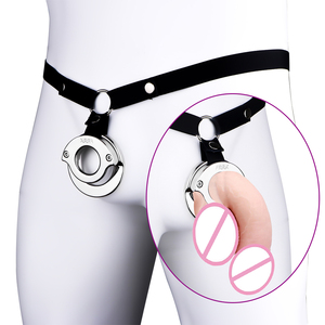 FRRK Strapon Plat Métal Chasteté avec Ceinture Double Cock Ring Mâle Scrotum <span class=keywords><strong>Pendentif</strong></span> Boule Civière Pénis Retenue Sex Toys pour Hommes - Product Image 1