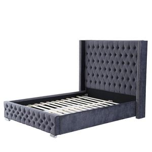 Cama Doble <span class=keywords><strong>con</strong></span> Diseño de <span class=keywords><strong>Tachuelas</strong></span> y Cabecera Alada, Tapizada en Tela Gris Franela, Categoría Camas de Madera - Product Image 4