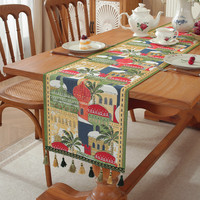 Chemin de table Ramadan en polyester, jacquard tissé, motif étoiles et chameaux, avec pompons, style château, également nappe et chemin de lit