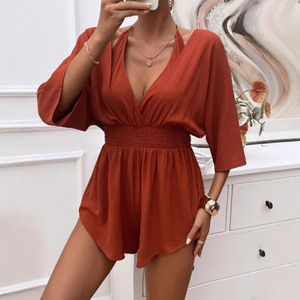 Tuta estiva <span class=keywords><strong>taglie</strong></span> <span class=keywords><strong>forti</strong></span> casual sexy che valorizza la figura, effetto due pezzi, con scollo all'americana e vita annodata, tinta unita in poliestere - Product Image 3