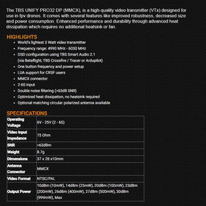 TBS Unify Pro32 DP 3 Watt FPV Video 2-6S Drone VTX 4990 MHz 6030 MHz - Product Image 2