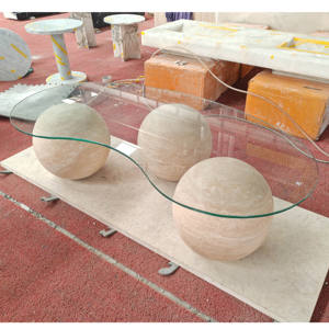 Mobili in pietra su misura 3 palle Set a bassa altezza sfera rotonda forma Beige travertino palla in marmo naturale tavolino da caffè - Product Image 5