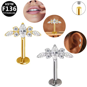 <b>Titanium</b> Plated Flower <b>Stud</b> Earrings 5A Zircon F136 <b>Titanium</b> Alloy Ear Bone Jewelry for Piercing - Product Image 2