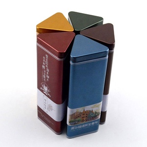 Custom printed triangle shape airtight tea tin box with double lid