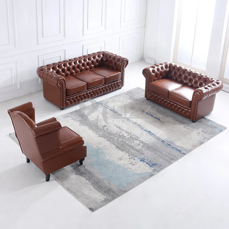 Antique Style Italian Leather Chesterfield Sectional Couch Set Living Room Lounge Furniture Sofa