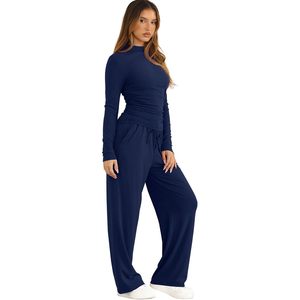 Ensemble de détente deux pièces FOXA pour femme : haut à col montant et pantalon large à manches longues, tenue tricotée respirante pour le quotidien et les voyages - Product Image 3