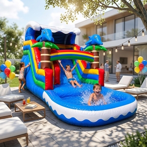 Toboggan aquatique gonflable en PVC de 6 m avec piscine et dauphin arc-en-ciel pour enfants, idéal pour les jeux d'été en extérieur dans la cour. - Product Image 1