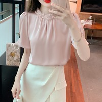 Chemisier à manches courtes en mousseline de soie à col montant, orné de fleurs et de perles, style OL coréen, nouveauté été pour femme 0360 #