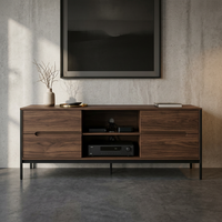 Meuble TV moderne du milieu du siècle en noyer, armoire convertible avec pieds en métal, tiroirs de rangement et compartiment ouvert pour salon