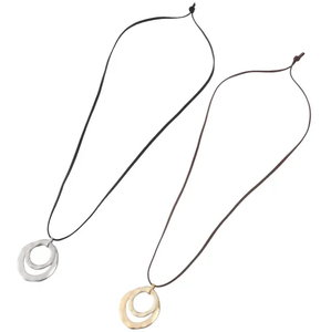 Boho Hammered Double <b>Ring</b> <b>Necklace</b> Adjustable Leather Rope Chain Vintage Long Statement Jewelry for Women SilverGold Tone - Product Image 1