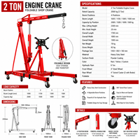 Grue hydraulique pliante de 2 tonnes pour atelier, élévateur de moteur, pont élévateur pour voiture, certifiée CE, en acier robuste avec roues universelles