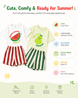 2026 Kinder Zomer Fruit Print Set Katoenen Korte Mouwen T-Shirt Gestreepte Shorts Schattig Casual Jongens Meisjes 2-delig Outfit OEM