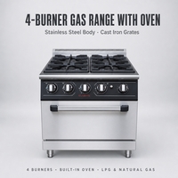 Cuisinière à gaz commerciale JUSTA à 4 brûleurs avec protection contre l'extinction de la flamme et four en acier inoxydable pour hôtel et restaurant
