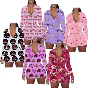 Custom Sexy Valentines Romper Jumpsuits Deep V-neck Adults Long Sleeves Heart Printed Onesies Pajamas