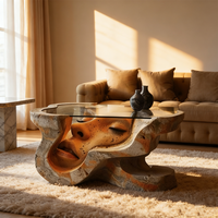 Table basse artistique, sculpture irrégulière, table d'appoint, table basse, verre, fabrication artisanale, design unique, statue de visage humain, mobilier de salon