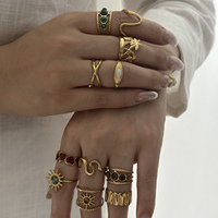 RINHOO Set Cincin Jari Baja Tahan Karat Berlapis Emas Gaya Vintage Prancis Geometris Hati Perhiasan Fashion yang Dapat Ditumpuk untuk Wanita Hadiah