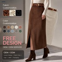 Jupe crayon midi en velours côtelé marron 100 % coton pour femme, taille haute, ceinturée, coupe ajustée, fente avant, pour usage quotidien décontracté, vente en gros