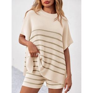 Women's Striped 2 Piece <b>Knit</b> <b>Set</b> Oversized Batwing Top High Waisted Shorts Summer Casual Lounge Outfit - Product Image 2