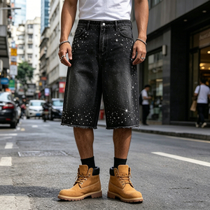 EIDEO OEM ODM Short en jean personnalisé pour <span class=keywords><strong>homme</strong></span>, coupe droite, effet moustache, bords bruts, en denim vieilli avec strass écologiques - Product Image 1
