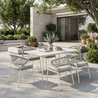 Chaise de salle à manger d'extérieur moderne en corde avec structure en acier thermolaqué, dossier en corde tressée et coussin pour patio, jardin, café, école et villa