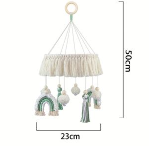 Décoration murale en macramé arc-en-ciel faite à la main, personnalisée, tissée, avec pompons, style bohème neutre, pour enfants - Product Image 4
