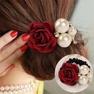 Женская эластичная повязка для волос, с крупными цветами розы и жемчугом