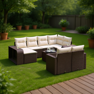 Grand ensemble de canapés de jardin modulaires en polyrotin brun, mobilier d'extérieur au design contemporain avec coussins en mousse haute densité - Product Image 2