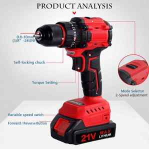 Ensemble <span class=keywords><strong>de</strong></span> perceuses sans fil légères pour le bricolage et la rénovation à domicile |   Visseuse à chocs rechargeable 21V avec vitesse variable et batterie lithium-ion - Product Image 3